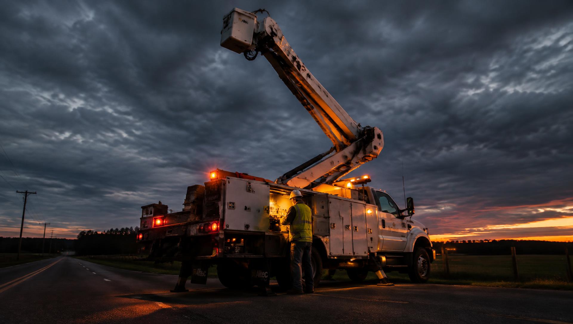 Mechanic servicing a bucket truck at dusk